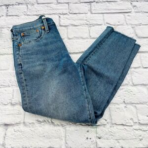 Madewell The Momjean High Rise Distressed Raw Hem Blue Denim Jeans Size 26P